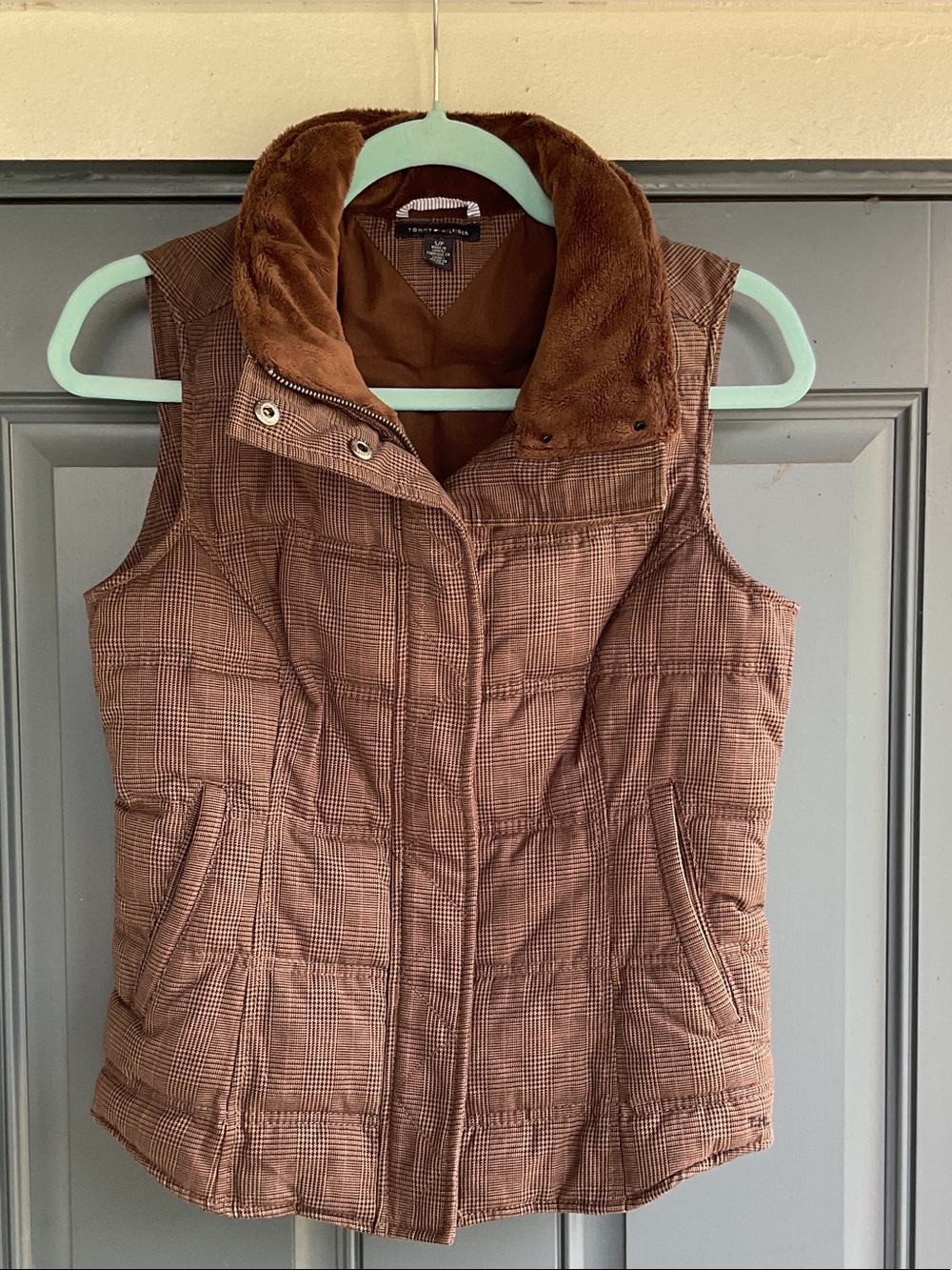Tommy Hilfiger Brown Plaid Quilted Vest with Plush Collar, Size S